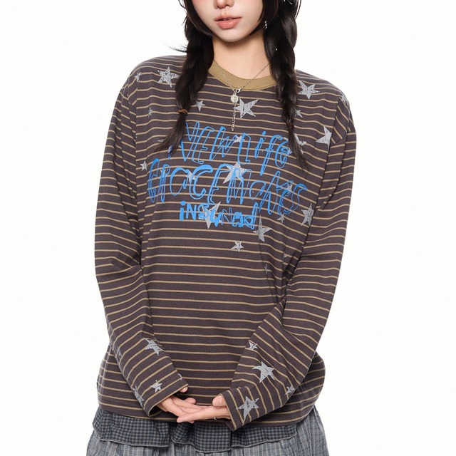 スターピンストライプレタリングロングスリーブTシャツ 2col   R02565