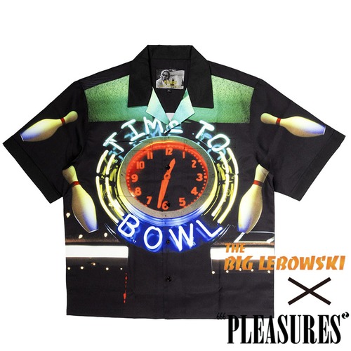 【PLEASURES/プレジャーズ×THE BIG LEBOWSKI】TIME BOWLING BUTTON UP 半袖シャツ / BLACK / SU25-13354 セール対象外