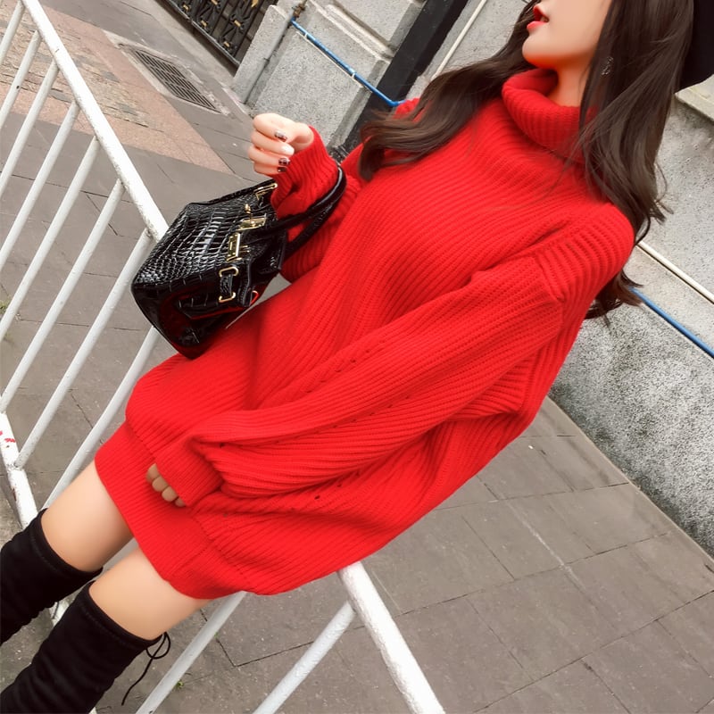 ゆったり可愛い タートルネック ニット チュニック ビッグセーター