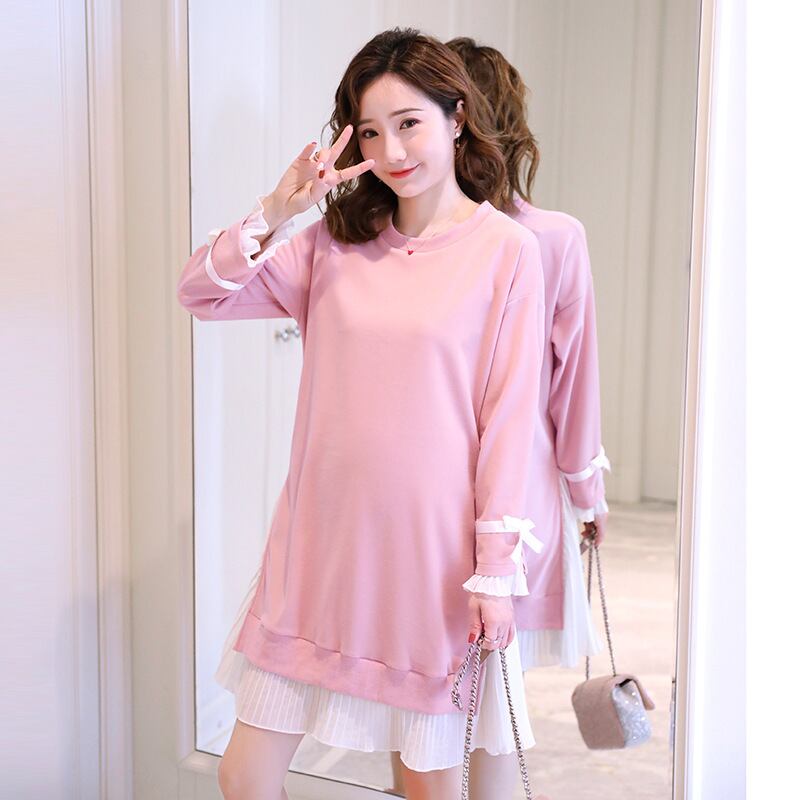 【新作】【送料無料】 2019秋の服妊娠中の女性バージョンの新しいファッションプリーツステッチルーズラウンドネックミドル丈プラスサイズのマタニティドレス-アリババ 大きめサイズ オータム 秋物 Oネック expec252502604968