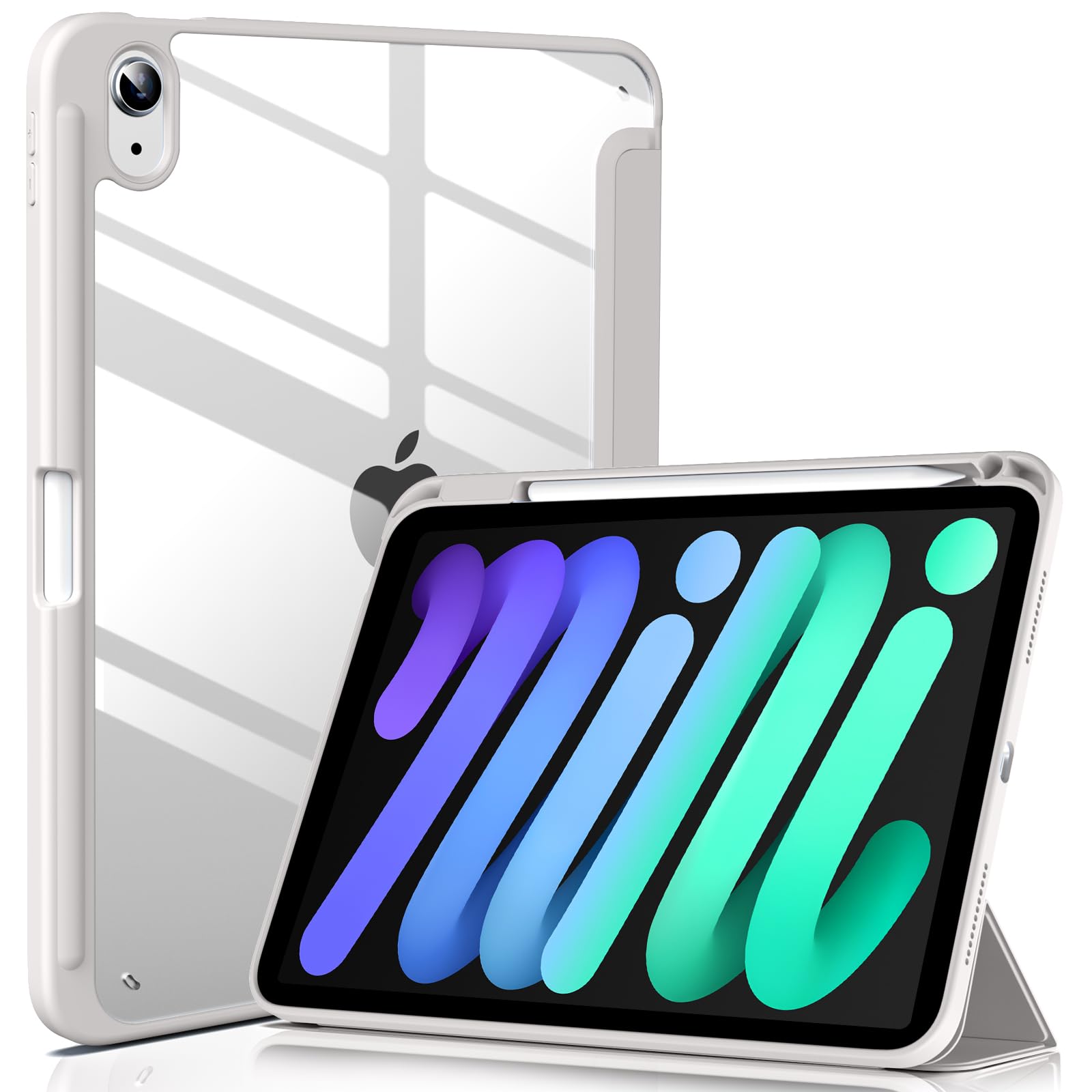 Lsmmpoba iPad mini7 ケース (A17 Pro、2024) iPad mini 第7/6世代 ケース 2024/2021 8.3インチ ペンシル収納 TPU透明バックカバー ハイブリッドケース 軽量 薄型 傷つけ防止 PU合成レザー グレー