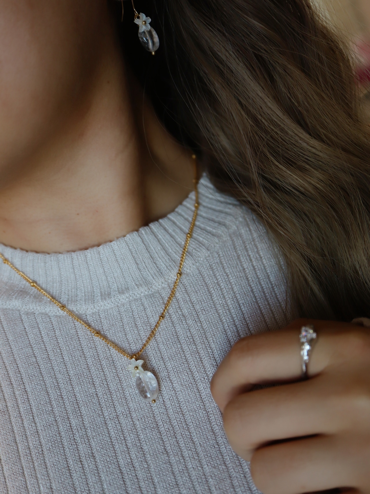 【SET】Crystal×Plumeria necklace ＆earrings(クリスタル×プルメリアネックレス＆ピアス、イヤリングセット)