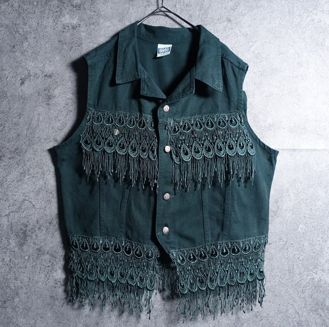 Green Fringe Design Denim Vest