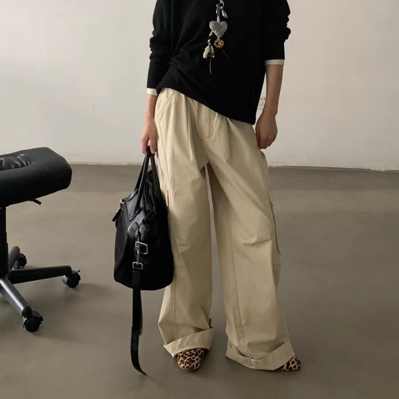 ルーズストレートユニセックスサイドポケットパンツ　0889