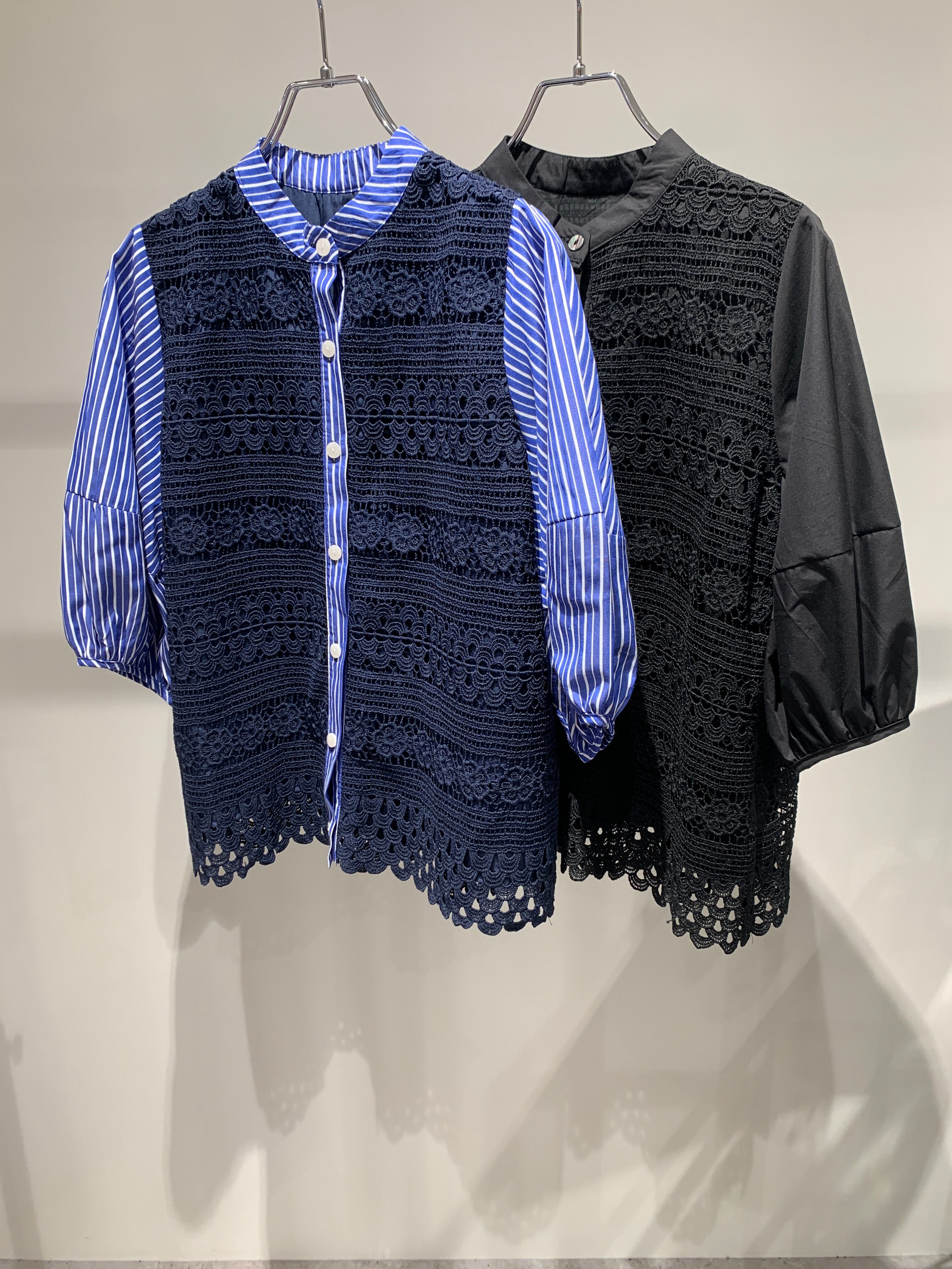 band collar puff sleeve lace blouse