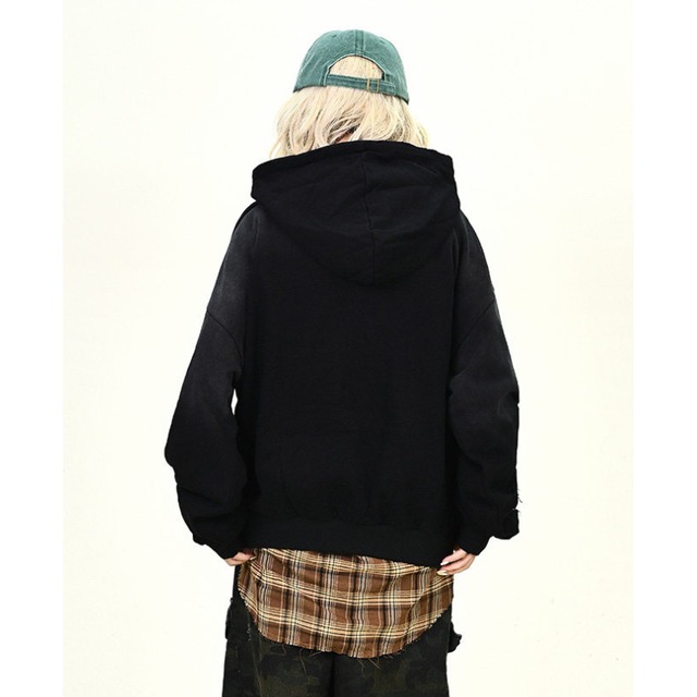 gradient distressed half zip hoodie　グラデーションダメージハーフジップフーディ　J1674