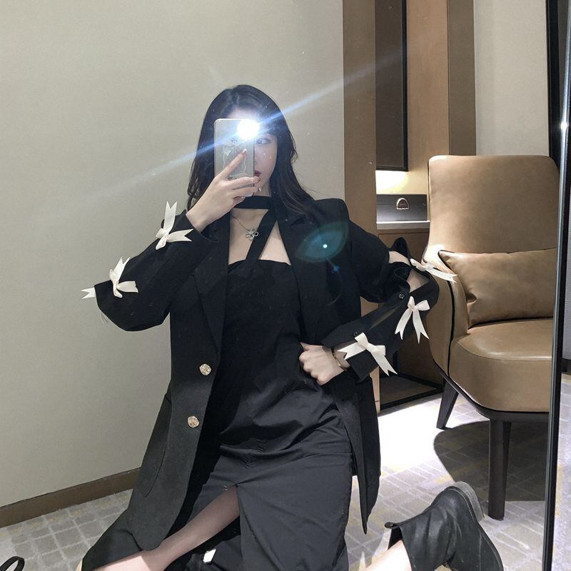 ボウノットブラックフライドストリートスモールスーツジャケット女性秋バージョンルーズシンスーツ2020ニュートップ ブラックストロベリース18786586462