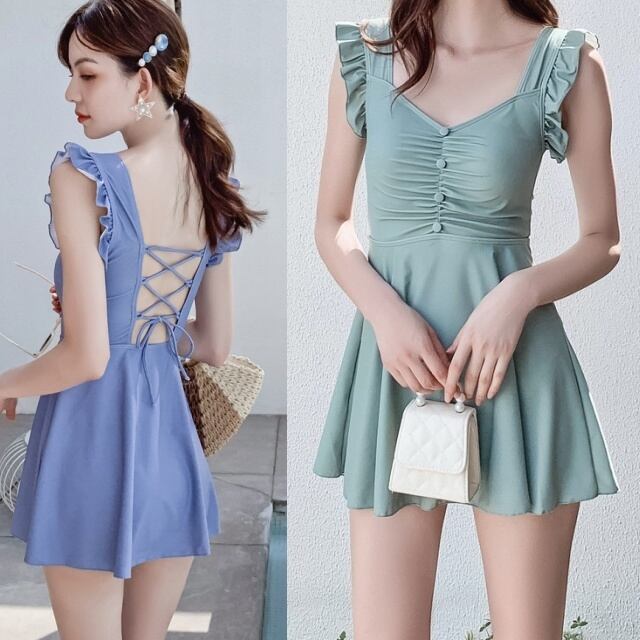 大きいサイズのレディース 夏新作 水着 レディース 水着 体型カバー ママ水着 Vネック レディース 背中あき レースアップ 編み上げ バックシャン 水着 ワンピース セクシー 水着 ハイウエスト 水着 フリル ワンピース水着 水着 ワンピース 大きいサイズ レディース 水着