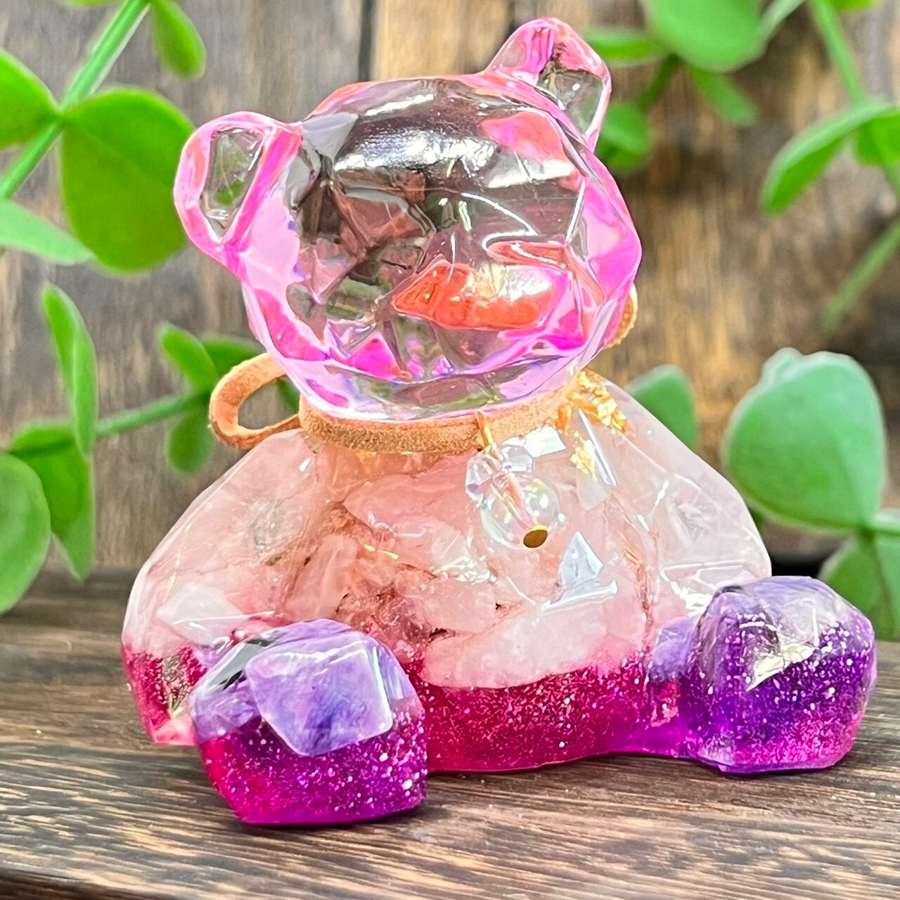 こぐまのオルゴナイト ローズクォーツ&チャロアイト 首飾り付き