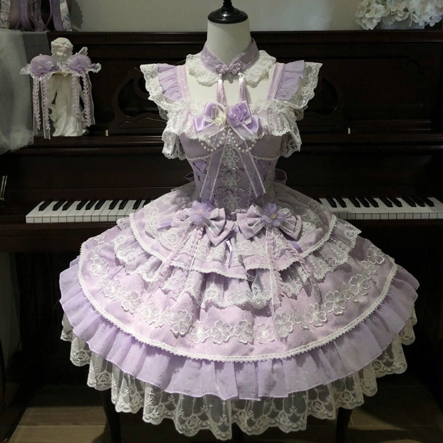 甘ロリJSK 3色展開 豪華レースフリル姫系ロリータドレス パフスリーブ