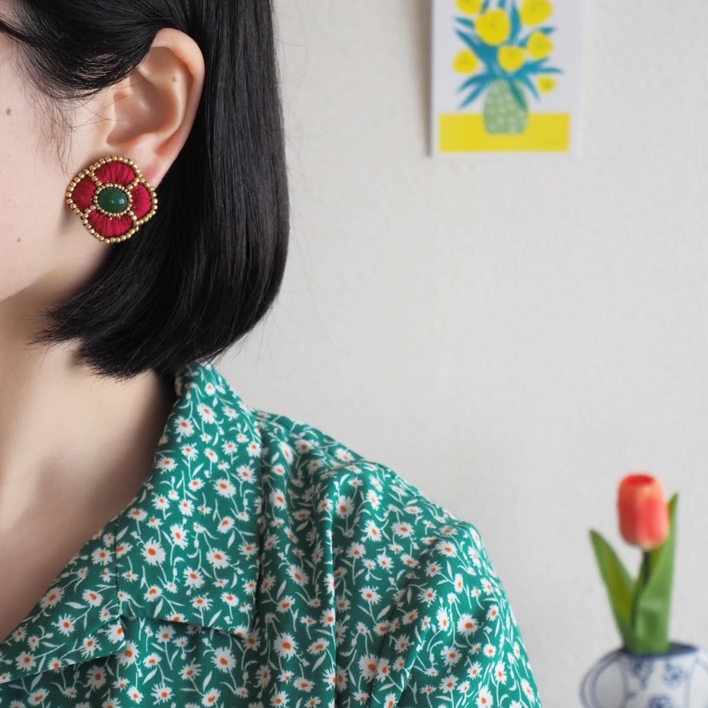 No.648 ハンドメイド ピンク イヤリング アネモネ レッド 
