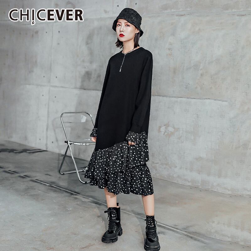 CHICEVERドットプリントマーメイドドレスレディースOネックフレア長袖パッチワークフリル特大ヴィンテージブラックドレス2020 ロング ラッフル ビンテージ 6base572234459470