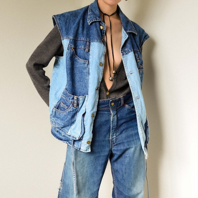 80s90s denim patchwork vest