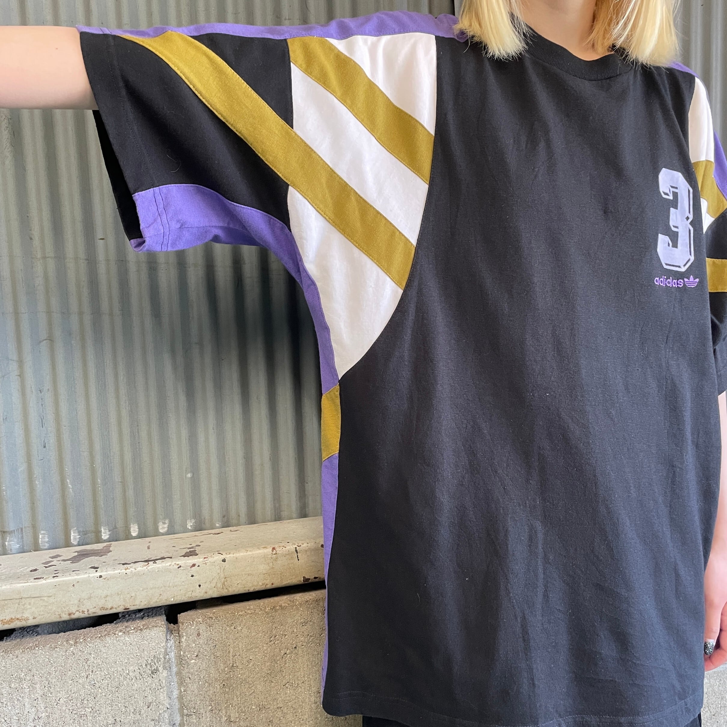 80年代 adidas アディダス 切替 サッカー フロッキープリントTシャツ