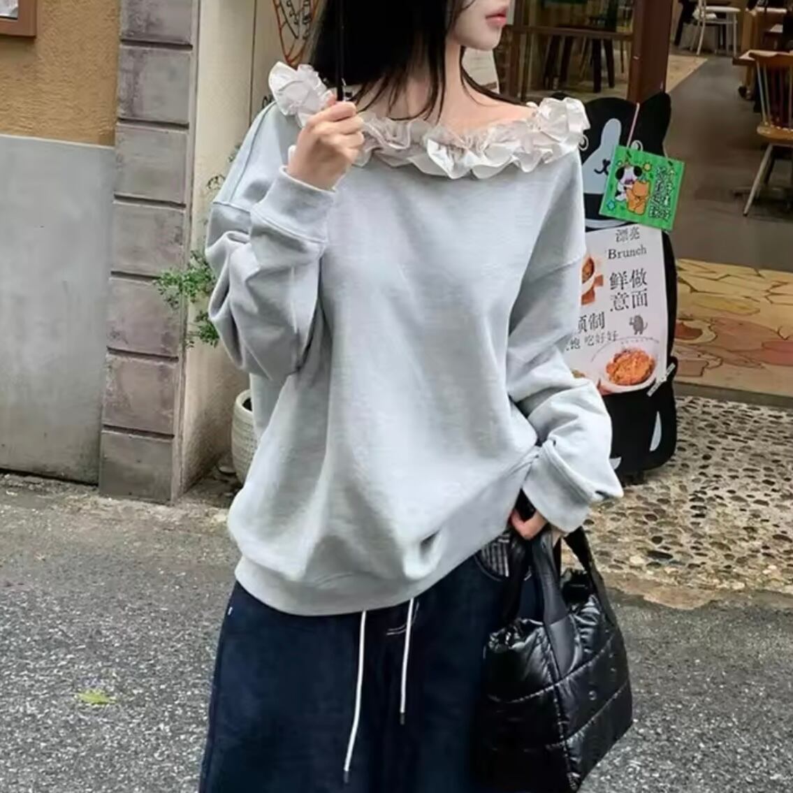 frill shoulder sweat tops