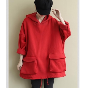 SOLID DRAWSTRING HEM A-LINE TUNIC HOODIE 6colors M-6195