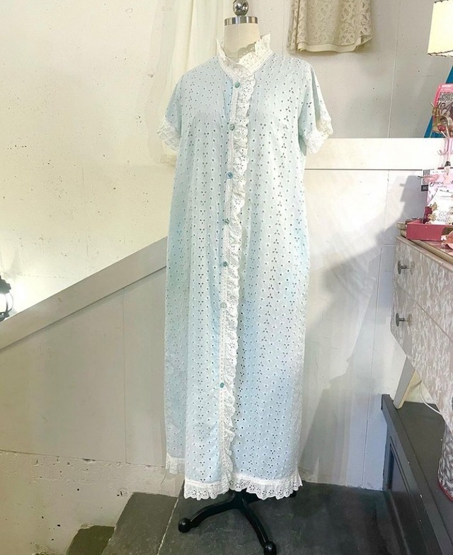 50's  vintage cotton nighty gown sax blue × cotton white lace