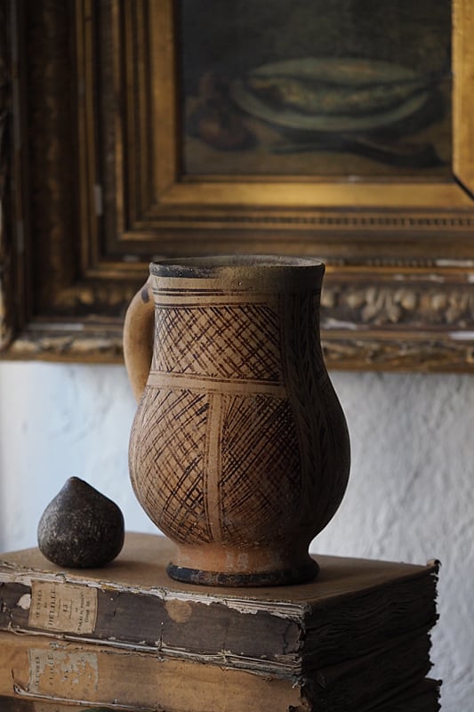 民芸品、水差し 北アフリカ 格子紋水差し-antique African terra cotta pitcher