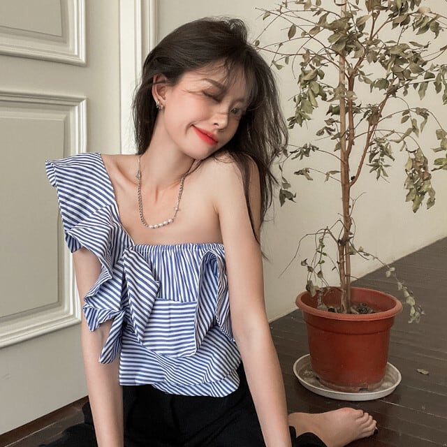 ブラウス トップス レディース ワンショルダー ストライプ フリル