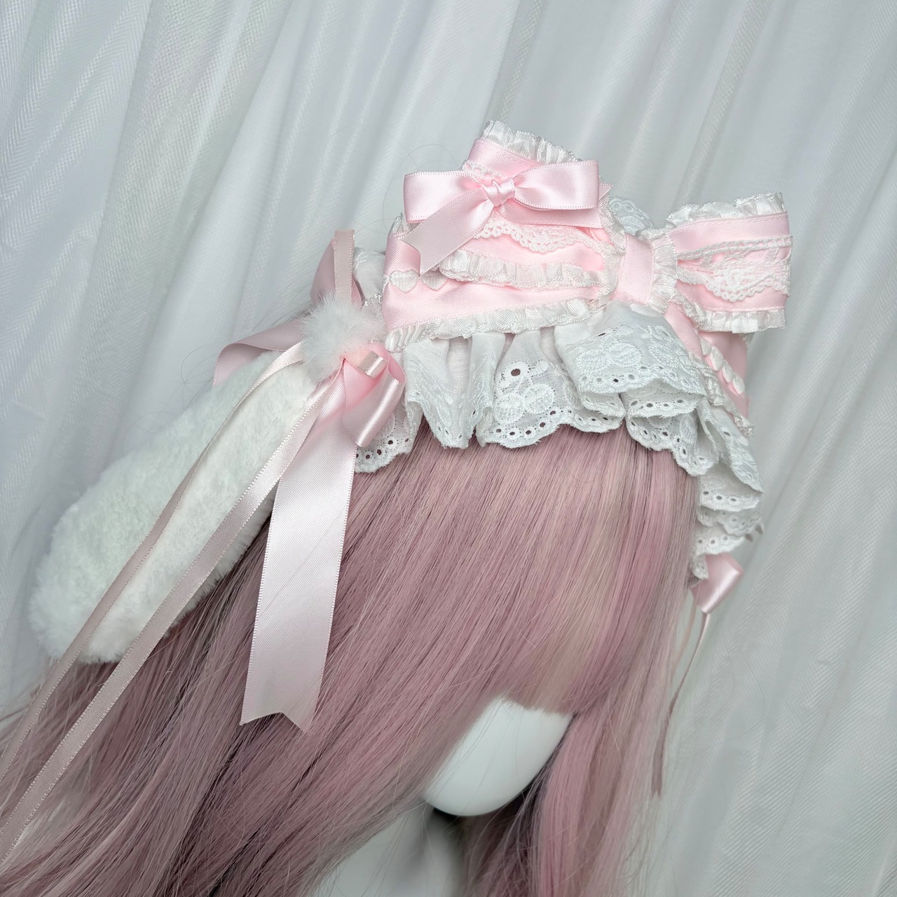 ♡ 【全4色】Milky bunny ぽんぽんリボン うさみみフリルレースヘッドドレス light blue ♡
