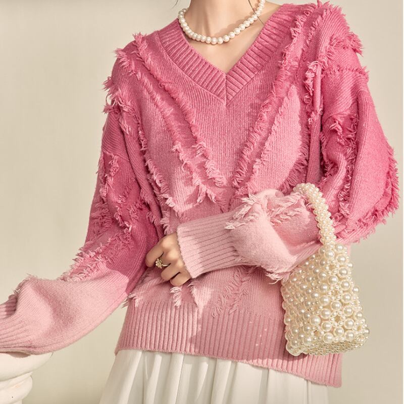 Pink Fringe V-Neck Knit S0123