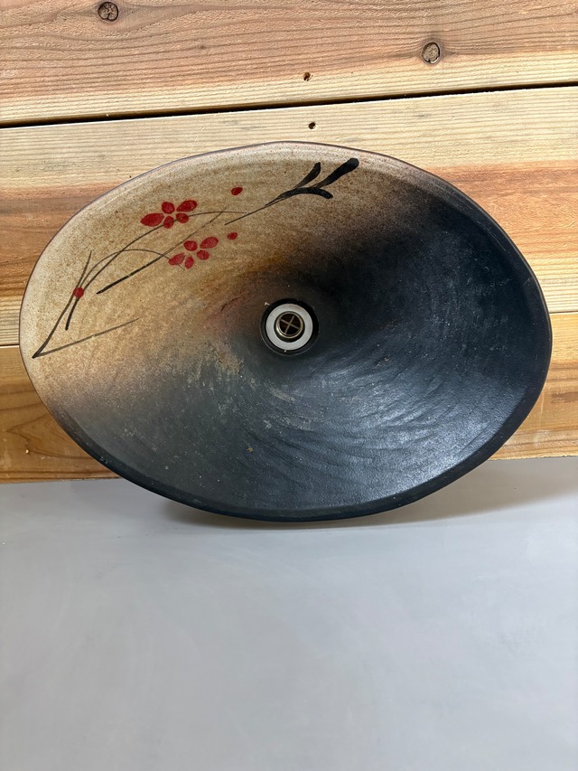 st53 【古物】信楽焼赤絵付楕円手洗鉢 w400