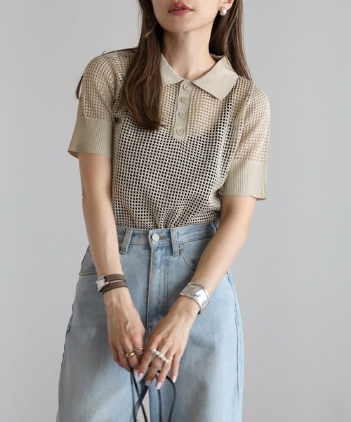 大人の透かし編みニットポロ