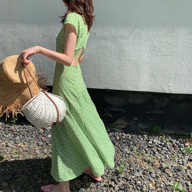 Back open green flower dress