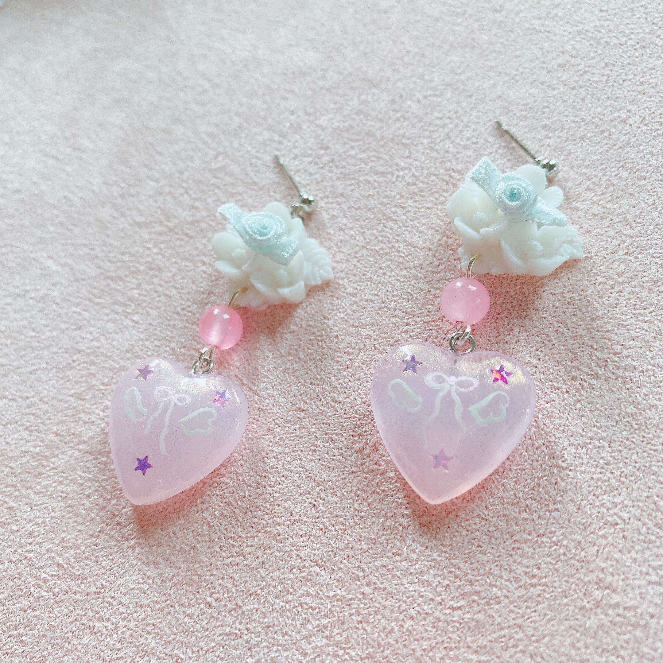 天然石× handpaint 羽とりぼん꙳耳飾り (blue)