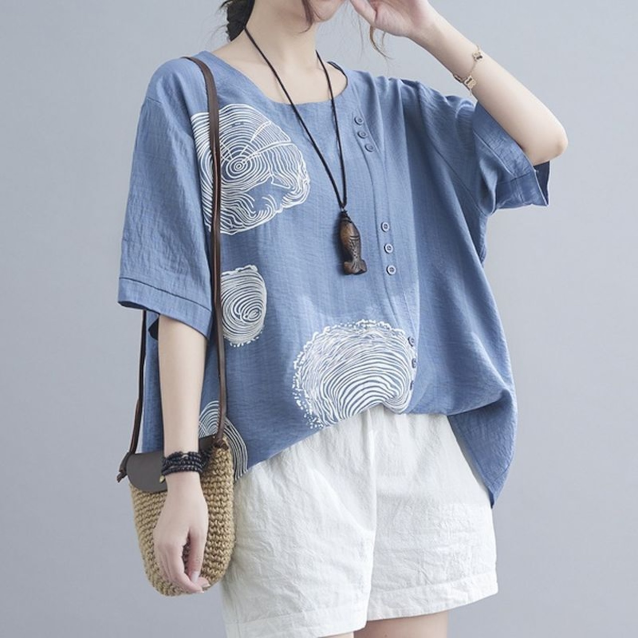 木目調プリントフロントボタン シャツ 30221