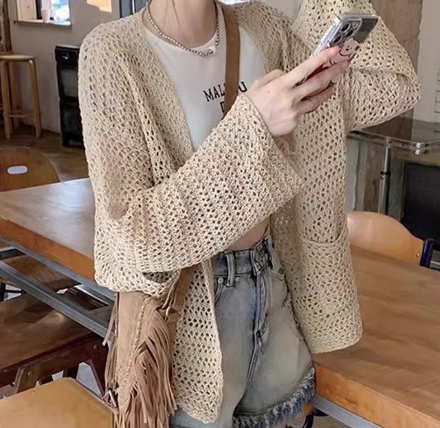 レディース トップス カーディガン 羽織 前開き 長袖 襟なし かぎ針編み ポケット 透け感 薄手 かわいい 大人可愛い シンプル おしゃれ アジアン エスニック ラフ ガーリー 存在感 カントリー ナチュラル リラックス ボヘミアン 無地 春 夏 秋 ロングシーズン デート お出かけ 女子会 休日 ショッピング コンサート ライブ お花見 カフェ 重ね着 楽ちん プチプラ 普段使い 着回し モテ インスタ映え S M L コーヒー カーキ ベーシックカラー 大人カラー 秋カラー