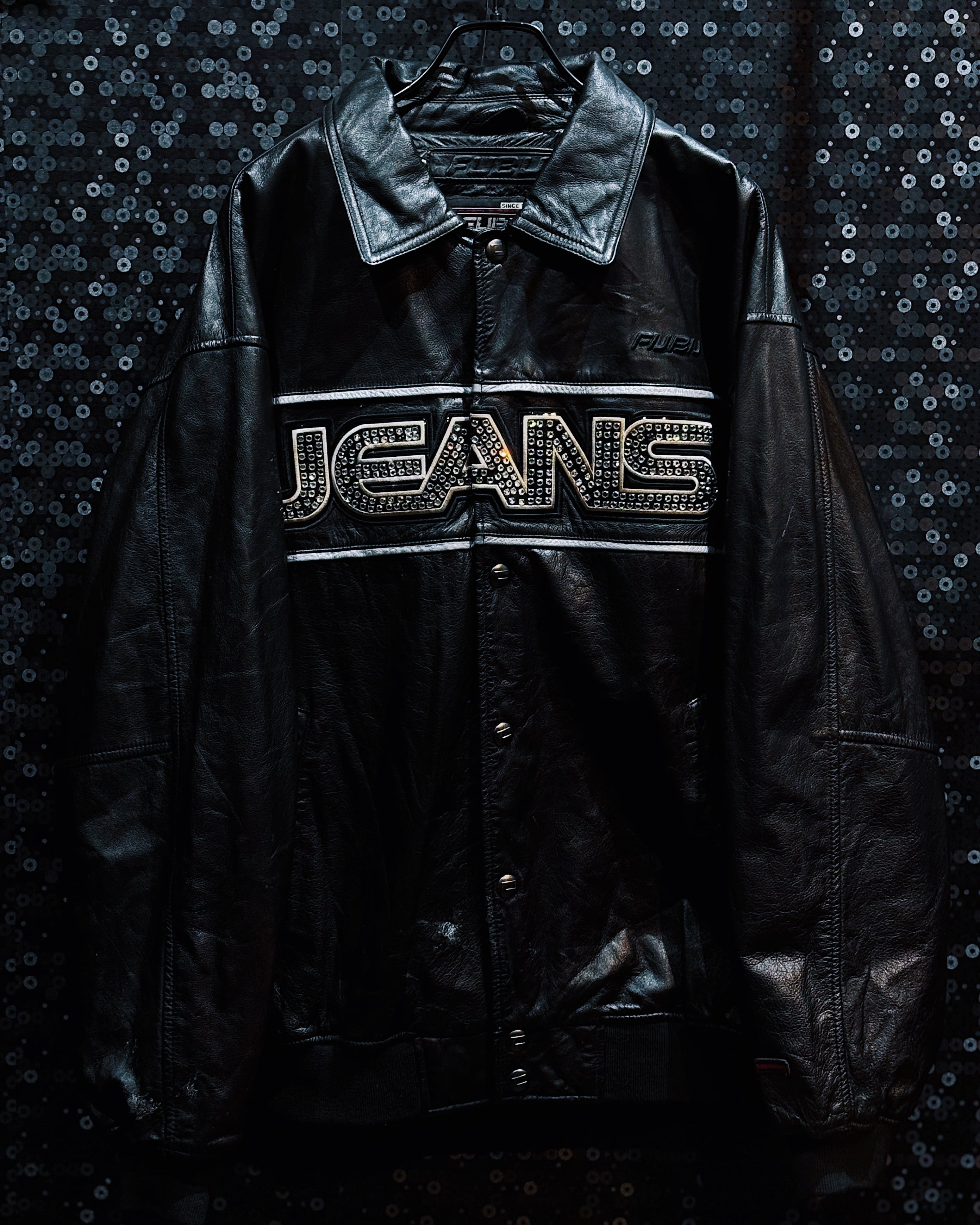 【ÆIEM】FUBU “JEANS” rhinestone big lettering & silver piping black leather blouson