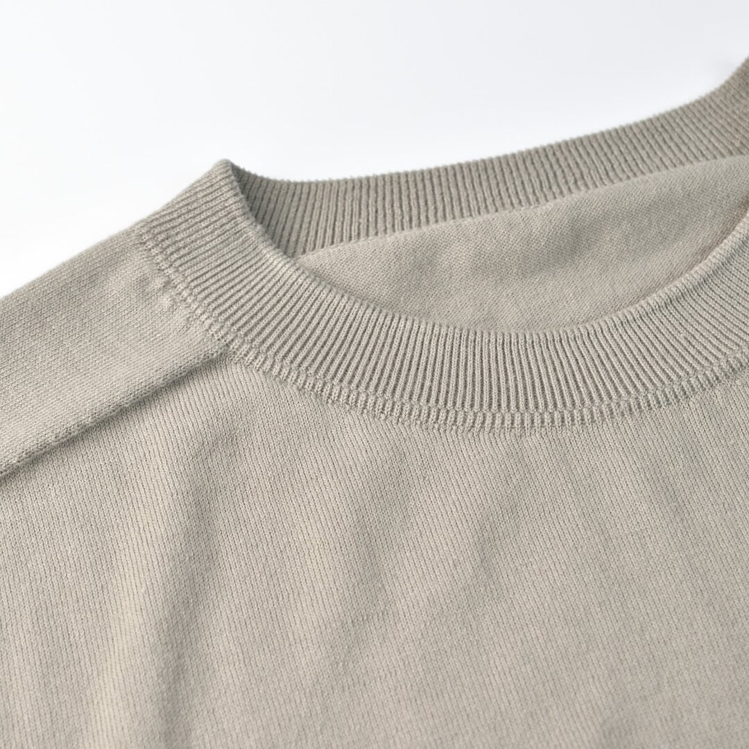 LinenYa リネンや クルーネック7分袖コットンニット・グレージュ 柔らかく着心地の良いニットです
