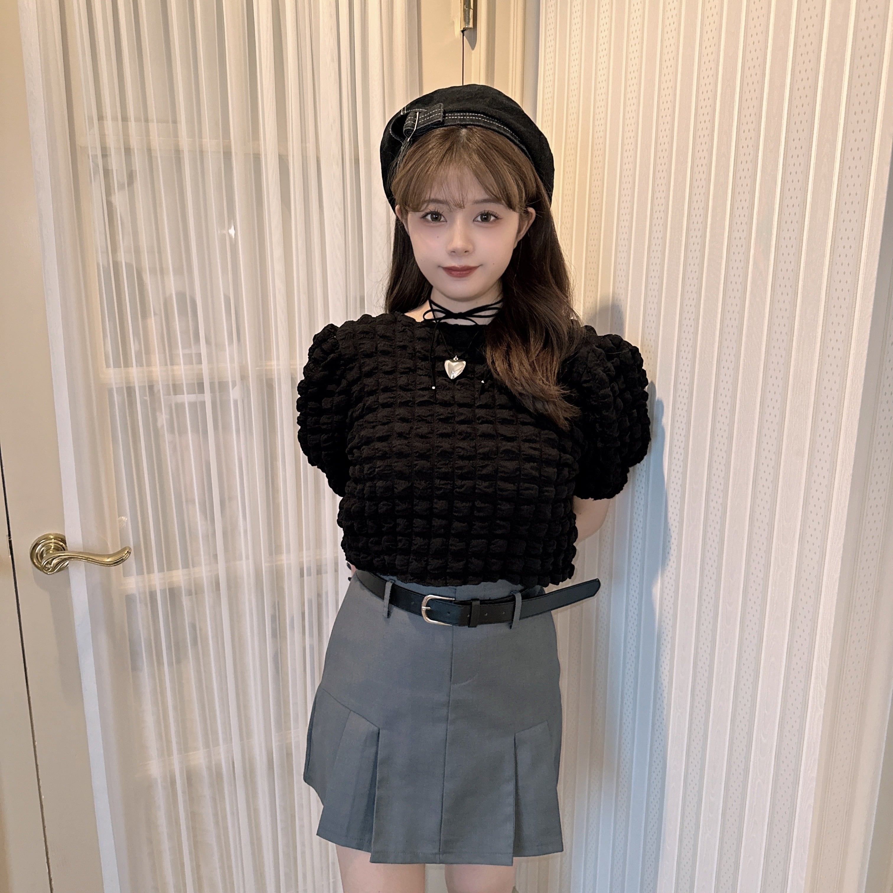 【LAST2】tuck pleats belt skirt-BROWN