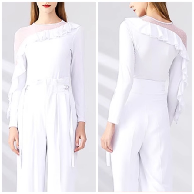 ラッフルスリーブ ラウンドネック フレア レオタード トップス 3col　D00392