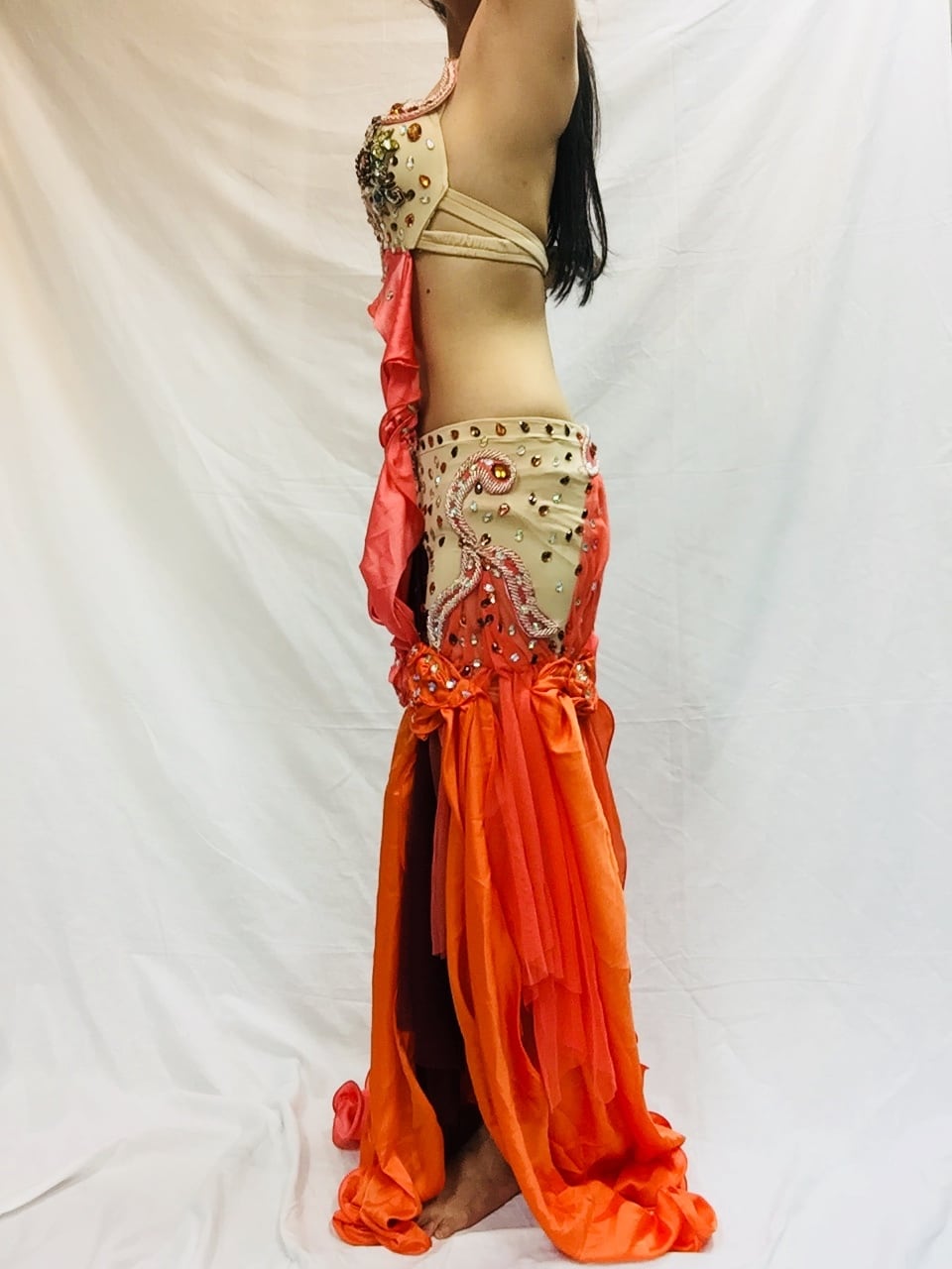 トルコ製 ベリーダンス衣装 オレンジ 3点セット