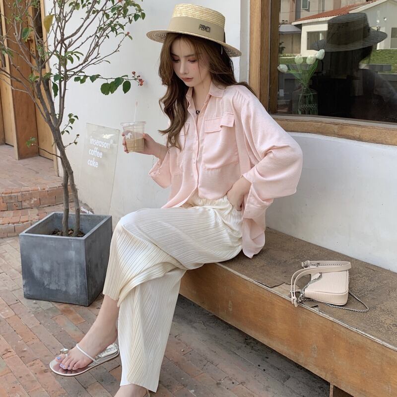 サマースタイルルーズシャツ ハイウェストウェストカジュアルプリーツパンツ レディース ロング 夏物 YY-ファッション71576385283