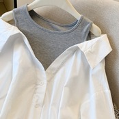 ボタンフロント  ウエストベルト シャツ 　全2色　 00065