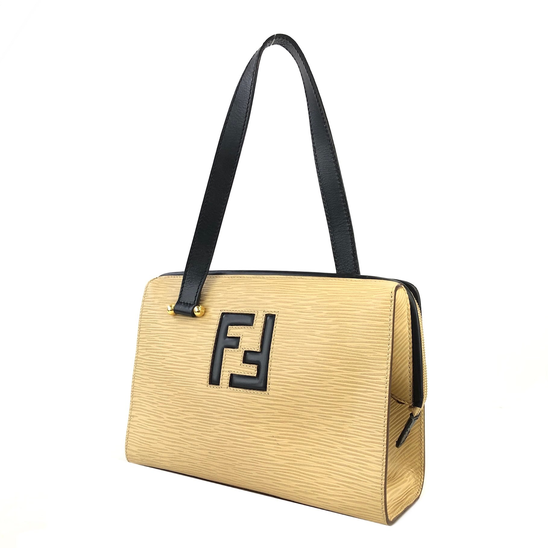 FENDI フェンディ FFロゴ エピ レザー ハンドバッグ ベージュ vintage