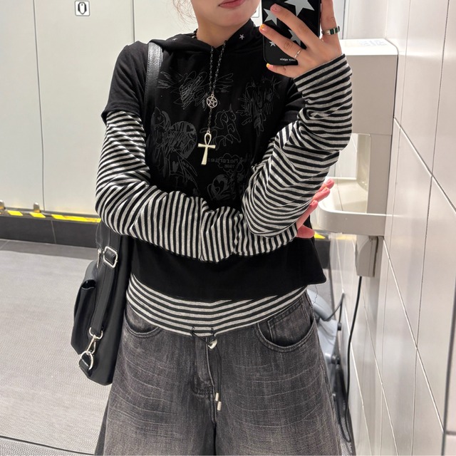 プリント クロップド丈 半袖 スウェットパーカー ◆2col L00148