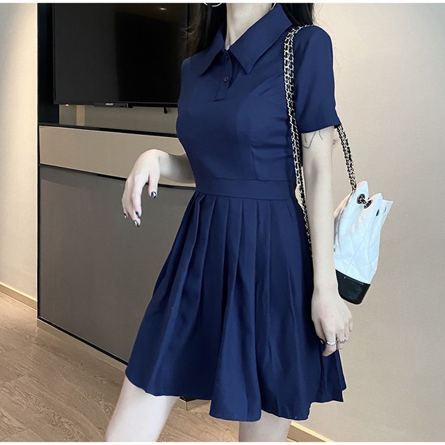 【季節にピッタリ!】 夏 フレンチ ワンビース 中・長セクション ヘップバーン風 ポロ襟 プリーツスカート