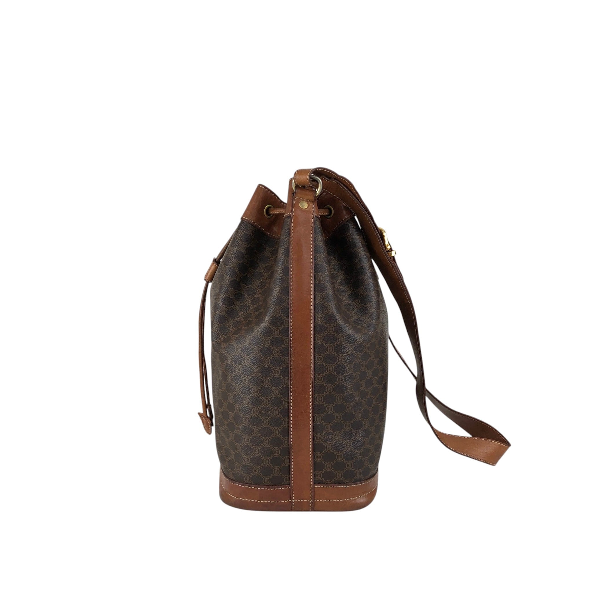 【美品】セリーヌ　マカダム　ショルダーバッグ　巾着　PVC　レザー　ブラウン CELINE セリーヌ マカダム ショルダーバッグ ブラウン ブラゾン型押し