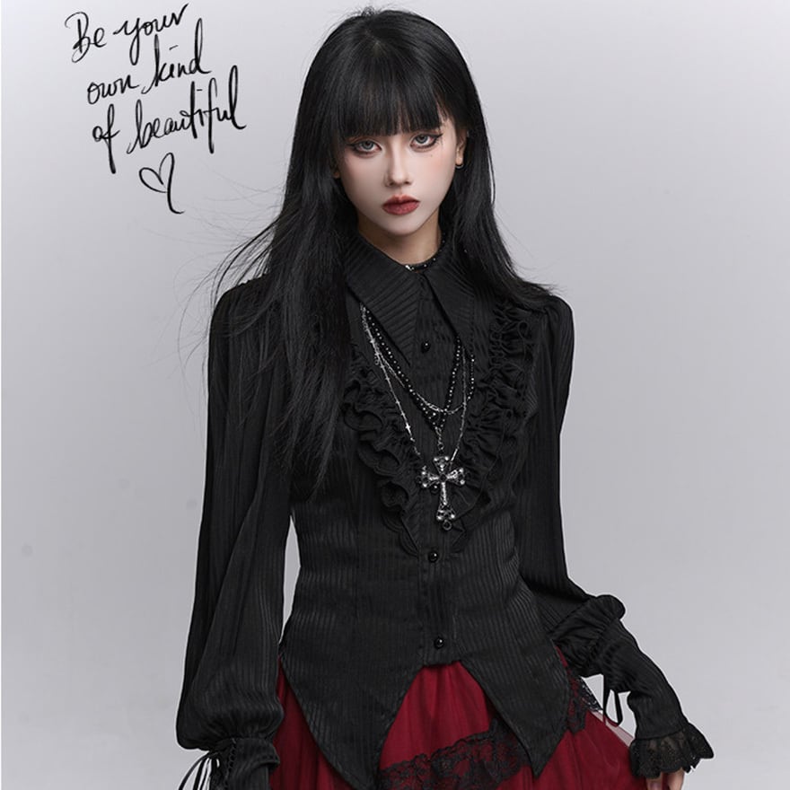 【バリモアカラー】パンク 長袖ブラウス|地雷系 ゴシック ストライプ柄