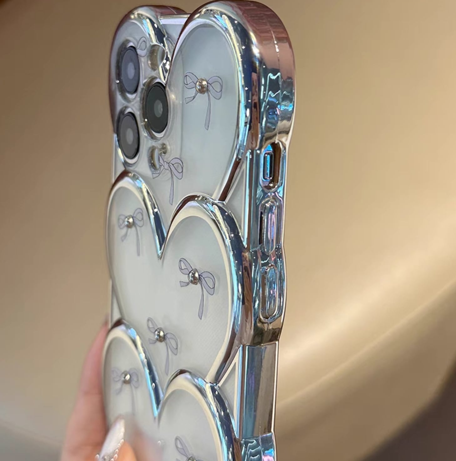 iPhoneケース iPhone15 iPhone14 3連ハート リボン ハート クリア