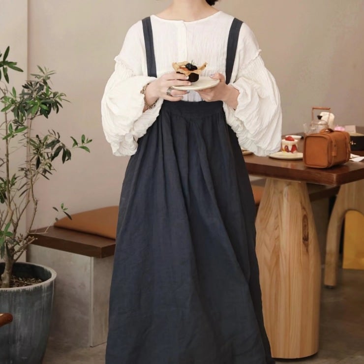 裾フリルリネンジャンパースカート ・2397 | Lehtia - レフティア