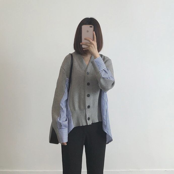 ニット シャツ ストライプ カーディガン 大人 レディース アシンメトリー ブラウス オフィス 通学 秋冬 18aw0021 Ayumina ニット シャツ ストライプ カーディガン 大人 レディース アシンメトリー ブラウス オフィス 通学 秋冬 18aw0021 Ayumina