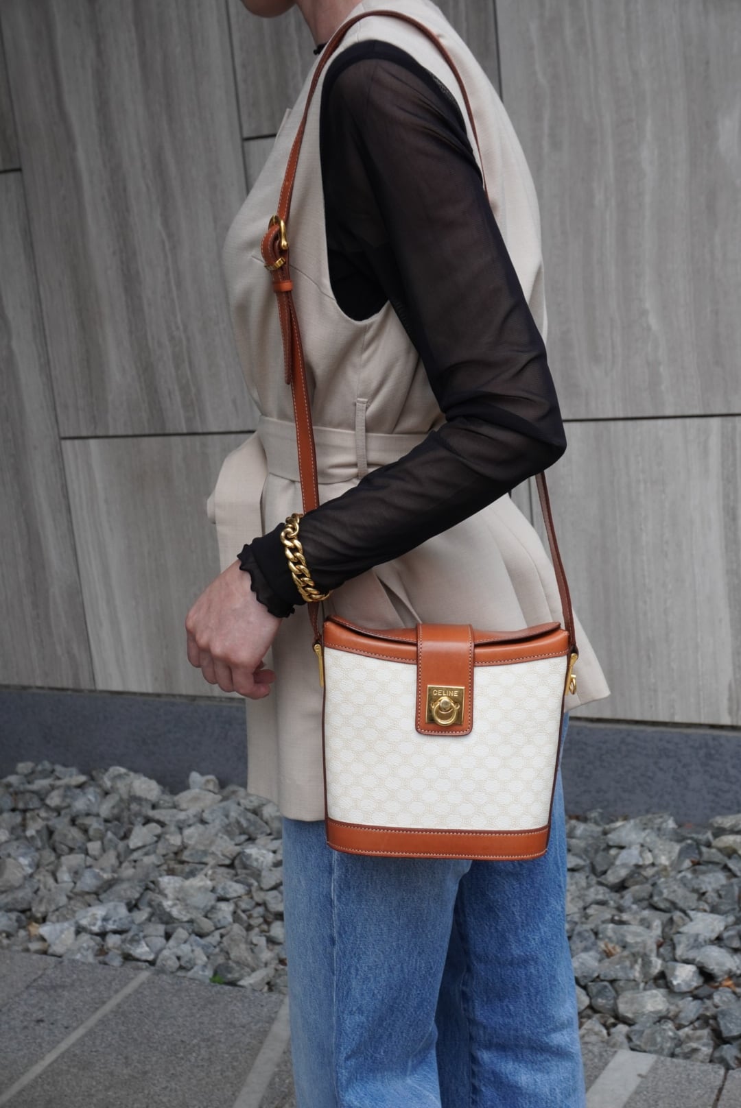CELINE セリーヌ マカダム ショルダーバッグ ホワイト ブラウン