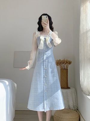 白リボン ライトブルー切り替えワンピース