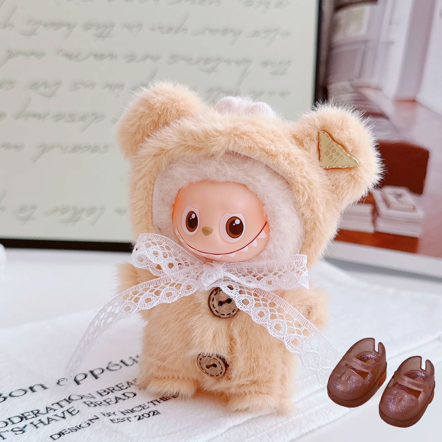 もこもこクマちゃん!手放せない可愛さ♡ ラブブ 4.0 10cm用 ぬいぐるみ風コスチューム 着せ替えセット Labubu ふわふわクマ服 可愛い 萌え