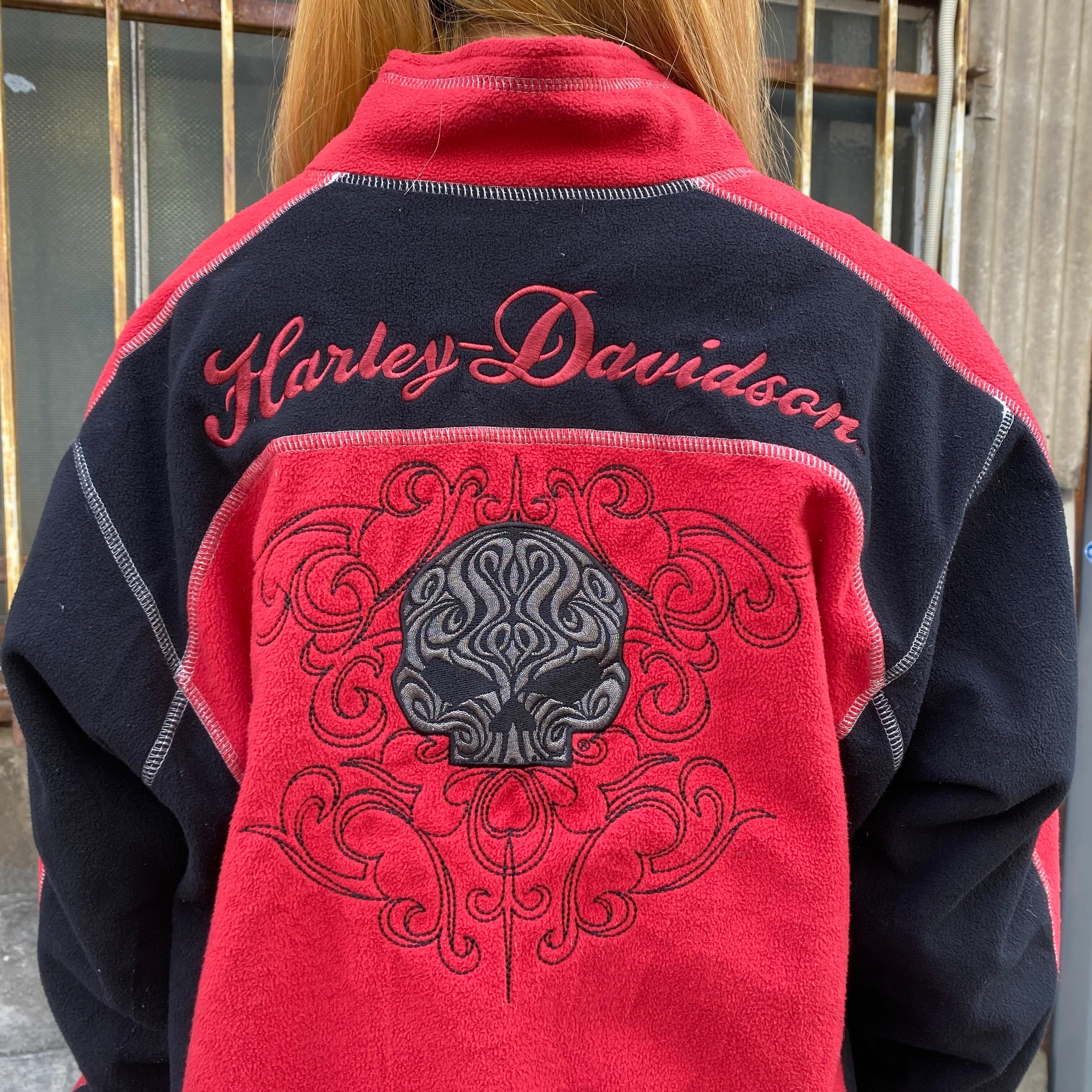 Harley-Davidson ハーレーダビッドソン フリースジャケット メンズXL 古着 髑髏バック刺繍　レッド ブラック | cave  古着屋【公式】古着通販サイト